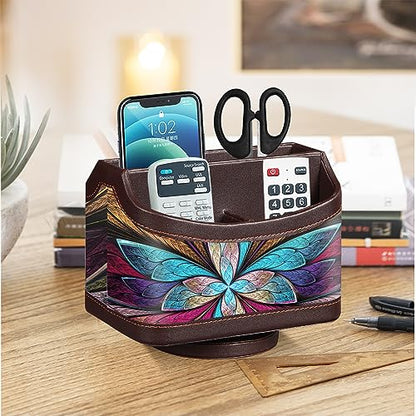 360° Rotating Remote Control Holder, PU Leather TV Remote Caddy, Pen Holder - color: Butterfly