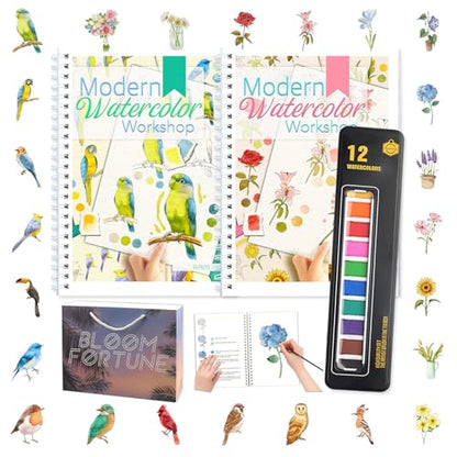 apolyone 2-Pack Beginner Watercolor Workbooks - style: Birds & Flower