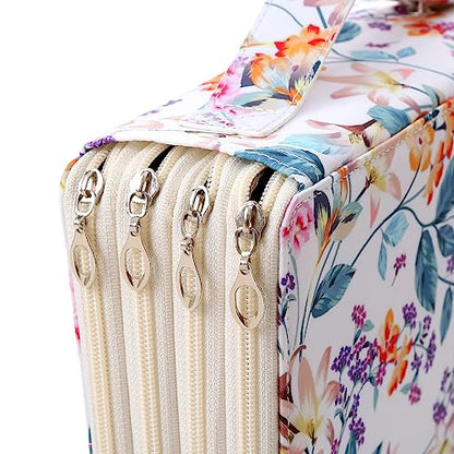 200 Slots Pencil Case 4-Layer Zipped Holder w/Handle - color: White + Flower, size: 200