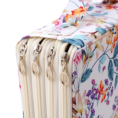 200 Slots Pencil Case 4-Layer Zipped Holder w/Handle - color: White + Flower, size: 200