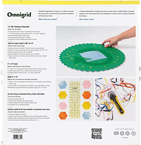 Omnigrid 14" 360° Rotating Mat Set with Self-Healing Cutting Mat, Ruler, and Rotary Cutter