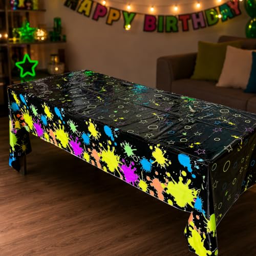 2 Pack Neon Paint Splatter Glow in the Dark Plastic Tablecloth 54x108 Inch - color: Neon Glow Tablecloth