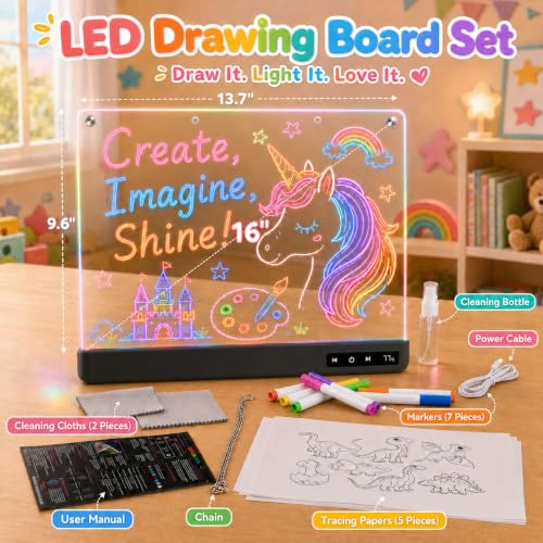 Cardivek LED Drawing Board for Kids, 16" Rechargeable Light Up Tablet - color: Black