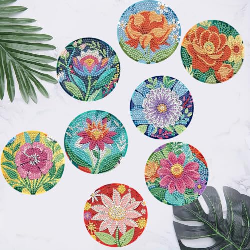 8 Pcs Flower Diamond Art Coasters, Diamond Painting Coasters - color: Flower-4