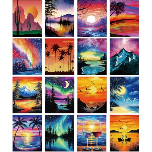 AmazingSpark 16 Pcs Pre Drawn Canvas to Paint for Adults Sunset Landscape - style: Sunset Landscape