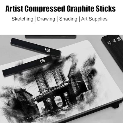 Graphite Sticks Square 6 Pieces, Kneaded Rubber Erasers Large Size 2 Pack, Black Compressed Graphite Charcoal Prencils Set for Drawing, Sketching, Shading, Blending, Beginners and Artists