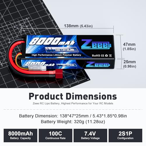 Zeee 2S Lipo Battery 8000mAh 7.4V 100C with T Plug Hard Case RC Battery
