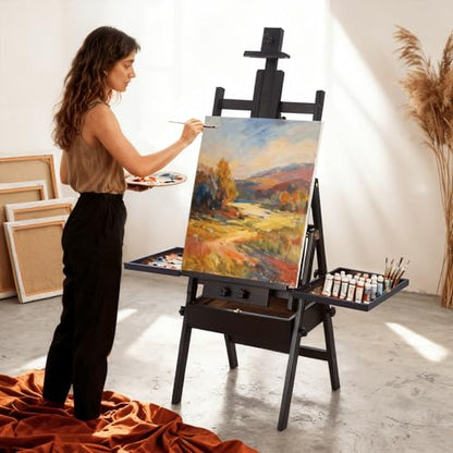 Beech Wood H-Frame Easel for Painting with Tray & Drawer, Walnut - color: Walnut