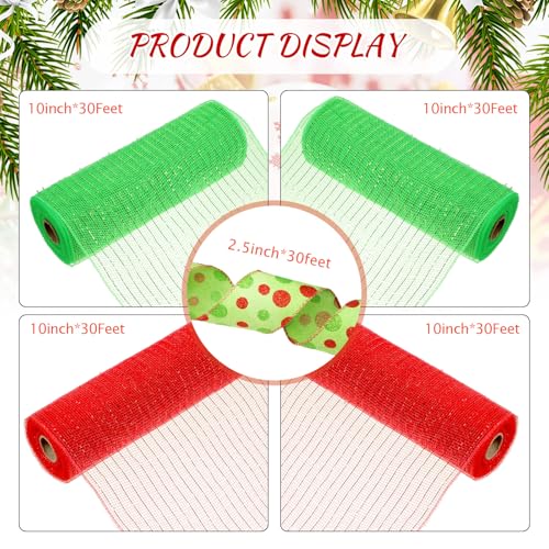 Unittype 5 Rolls Christmas Mesh Ribbon for Wreaths,Red, Green,Polka Dot