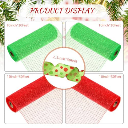 Unittype 5 Rolls Christmas Mesh Ribbon for Wreaths,Red, Green,Polka Dot