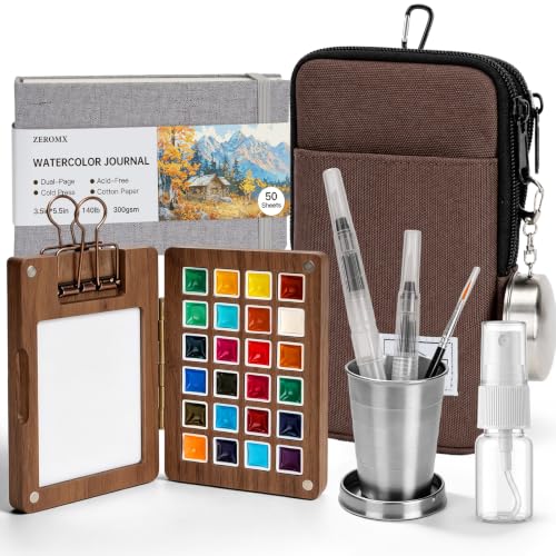 Mini Watercolor Paint Set, 24 Colors Travel Watercolor Set - color: Brown