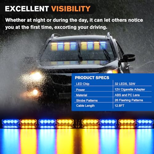 Nilight 32LED Amber Blue Emergency Dash Strobe Lights with Controller - color: Amber and Blue