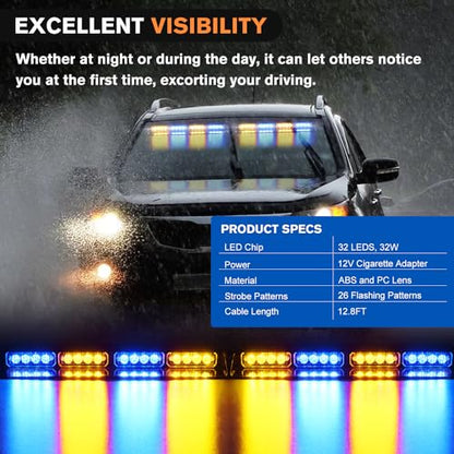 Nilight 32LED Amber Blue Emergency Dash Strobe Lights with Controller - color: Amber and Blue
