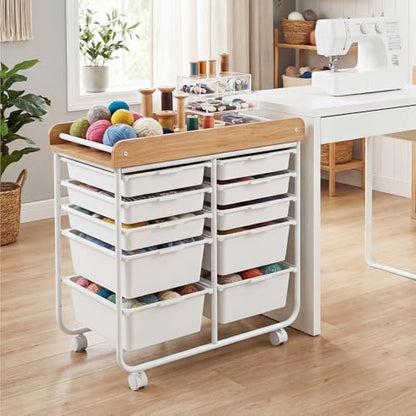 DREAMADE Rolling Storage Cart, 10-Drawer Utility Cart with Tabletop, White - color: White