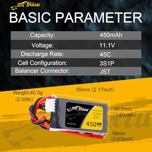 TATTU 11.1V 450mAh 3S LiPo Battery Pack 45C with JST Plug(2 Pcs)
