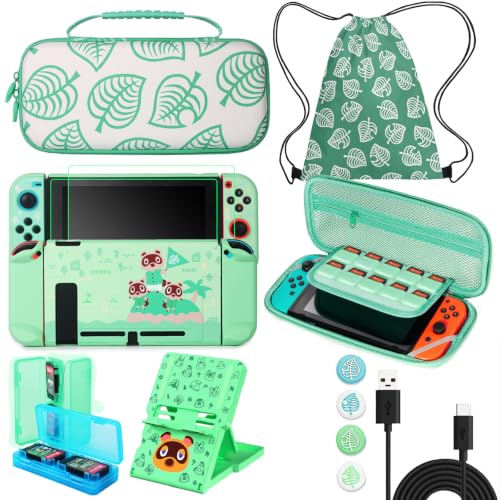 TIKOdirect Carrying Case for Switch, Cute Portable Travel Bag Accessories with Protective Cover, Screen Protectors, Stand, Game Card Holder and Thumb grip caps[Keychain], Animal Crossing - color: Green Switch 1, size: Switch 1