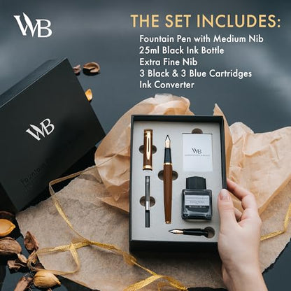 Wordsworth & Black Fountain Pen Gift Set, Medium & Extra Fine Nib, Brown - color: Brown Gold