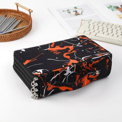 200 Slots Canvas Pencil Case 4-Layer Zipped Holder w/Handle - color: Orange Splash Ink, size: 200