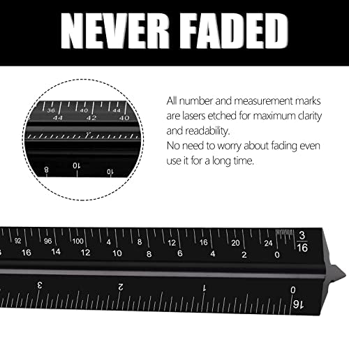 12" Architectural Scale Ruler, Aluminum Scale, Triangular Ruler, Scale Ruler for Blueprint Imperial Measurements for Architects Engineering Artists, Draftsman Drawing, Laser-Etched Markings.(Black) - color: black