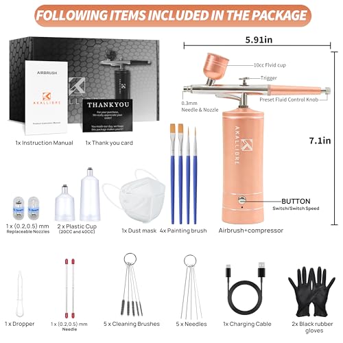 Airbrush Kit with Compressor, 48PSI High-Pressure Non-Clogging - color: Golden