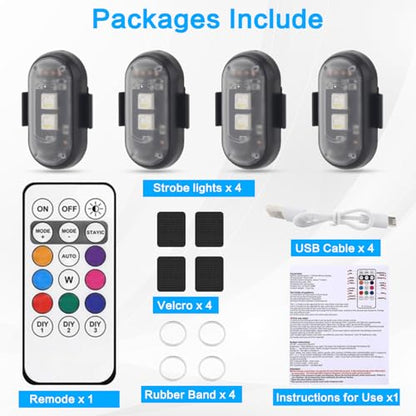 4PCS Wireless LED Strobe Lights with Remote Control, 8 Colors IP65 Waterproof Anti-Collision USB Charing Led Warning Lights for Car Drone Truck Motorcycle Aircraft Bike