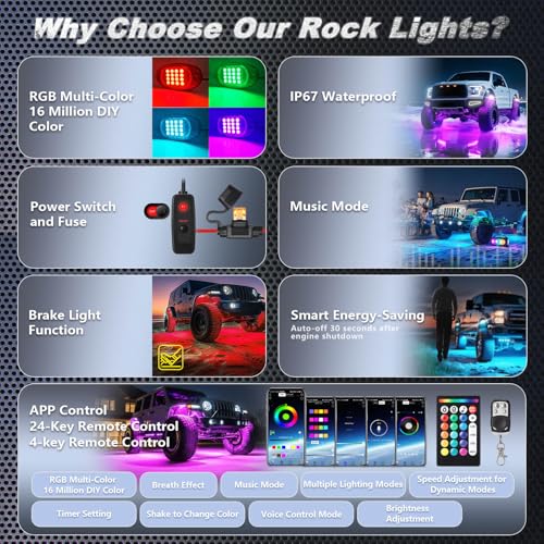 4Pods RGB LED Rock Lights Multicolor Underglow Accent Light Kit 12V - size: 4Pods