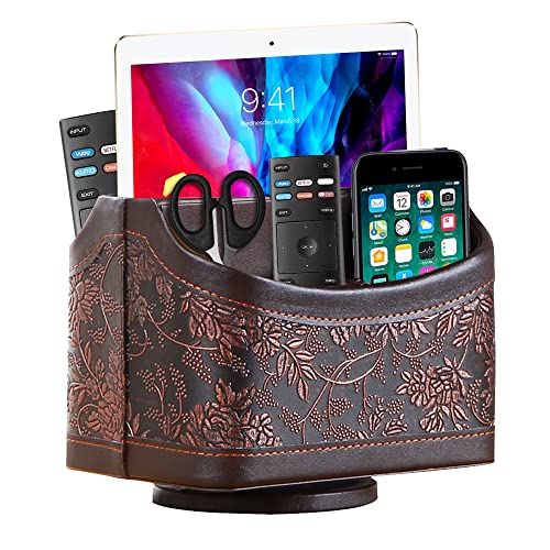 360° Rotating Remote Control Holder, PU Leather TV Remote Caddy, Pen Holder - color: coffee