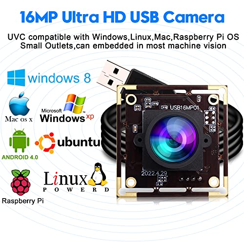 ELP 16 Megapixel USB Camera Module with 75degree No Distortion Lens 3496P 6K Embedded Webcam Board for Computer 16mp CMOS IMX298 USB2.0 Video Raspberry Pi Web PC Camera for 3D printer Bar/QR Code Scan