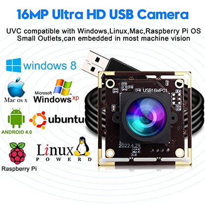 ELP 16 Megapixel USB Camera Module with 75degree No Distortion Lens 3496P 6K Embedded Webcam Board for Computer 16mp CMOS IMX298 USB2.0 Video Raspberry Pi Web PC Camera for 3D printer Bar/QR Code Scan