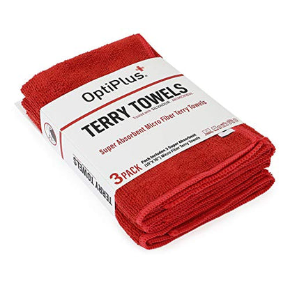 OptiPlus 16oz All Natural Lens and Screen Cleaning Pack, Lens Wipes, Microfiber Cloth and 16 x 16 Microfiber Terry Towel 3 Pack (Red)