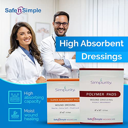 Simpurity Super Absorbent Polymer Wound Dressing - 8"x10" Individual Thick Pads - Dressing Supplies for Wounds - Bordered Polymer Dressing for Wound Care