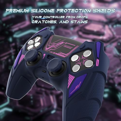 PlayVital Silicone Skin Set for PS5 Controller - Mecha Rhino Design, Anti-Slip Grip Cover Protector Compatible with Charging Dock, with Thumb Grips & Touchpad Sticker - Midnight Blue Purple - color: Midnight Blue & Purple