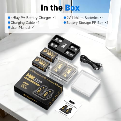 HW 9V Rechargeable Batteries 4 Pack, 3600mWh with 4-Slot Charger