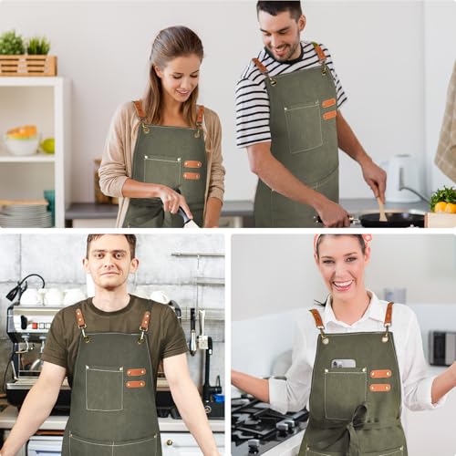 OUNLEN Chef Apron for Men Women Canvas Aprons with 3 Pockets Cross Back Resistant Work Apron for Cooking - color: Olive