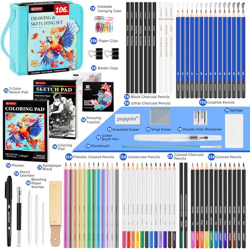 106 Pack Drawing Set Sketching Kit, Pro Art Supplies Sketch Pencils Set - color: Teal, size: 106 Pack