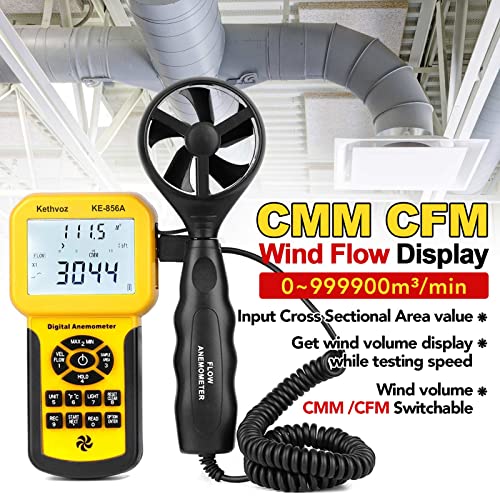 Kethvoz 856A HVAC Anemometer, Commercial CFM/CMM Air Flow Tester w/USB Data Storage & PC Connect - Measures Wind Speed, Air Volume, Temperature for AC, Ducts, Dust Collection Systems