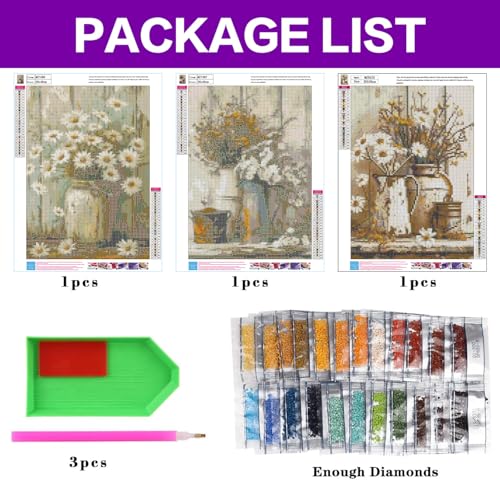 Diamond Art Kits for Adults, 3 Packs Rustic Flowers Diamond Painting Kits - color: Retro Flowers Vase, size: 3 packs-30*40cm