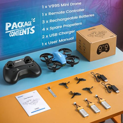 Veeniix V995 Mini Drones for Kids and Beginners,Indoor RC Quadcopter,Small Helicopter Plane with 3D Flips,360° Rotation,Circle Fly,Auto Hover,Headless Mode and 3 Batteries,Gift for Boys and Girls - style: Super Blue