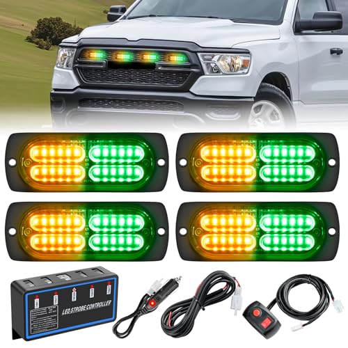 Nilight 4PCS LED Strobe Lights 12V 24V Sync Feature Amber Green - color: Amber Green w/Controller