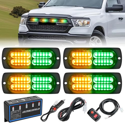 Nilight 4PCS LED Strobe Lights 12V 24V Sync Feature Amber Green - color: Amber Green w/Controller