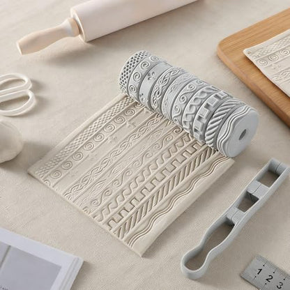 Conderyang 10Pcs 3D Printed Clay Texture Roller Clay Roller with Handle
