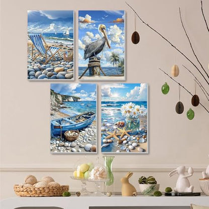 ICYANART 4 Pack Beach Paint by Numbers Kit for Adult Beach with Frame Easel - color: Beach 02