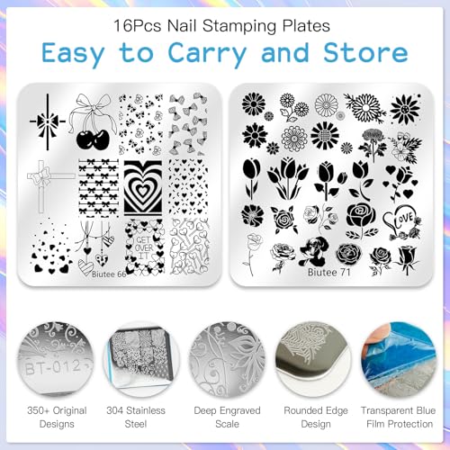 Biutee 16Pcs Nail Art Stamping Plates Silicone Stamper Scraper Storage Bag - color: 20PCS