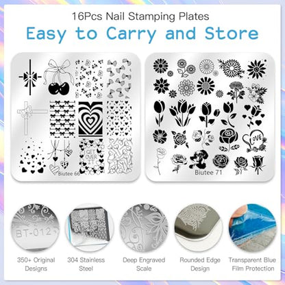 Biutee 16Pcs Nail Art Stamping Plates Silicone Stamper Scraper Storage Bag - color: 20PCS