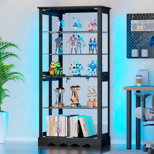 Dystler Display Cabinet with Glass Doors, RGB Lights for Collectibles - color: Black