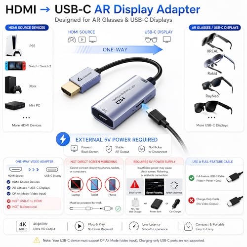 Guermok HDMI to USB C Video Display Adapter, 4.9ft AR Glasses Hub, 4K@60Hz - color: Silver, size: 4.9FT