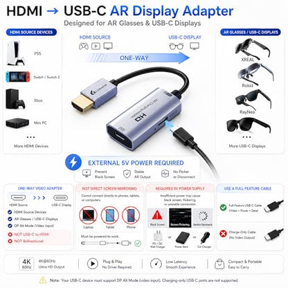 Guermok HDMI to USB C Video Display Adapter, 4.9ft AR Glasses Hub, 4K@60Hz - color: Silver, size: 4.9FT
