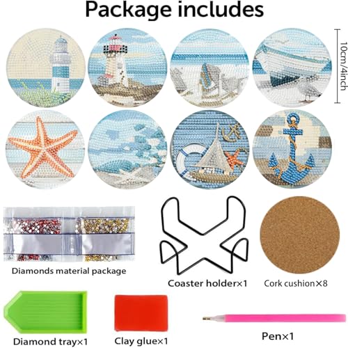 askkqtx 8 Pcs Beach Diamond Art Coasters Kits with Holder 4X4 Inch - color: Coasters-bdwy210