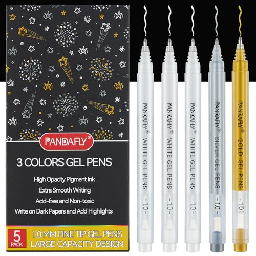 PANDAFLY Gold Silver White Gel Pens, 5-Pack, 1.0mm Fine Point - color: Multicolor