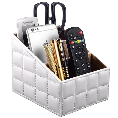 Fashionable PU Leather TV Remote Control Holder with 3 Compartments,Multifunction Desktop Organizer Holder, Media Accessory Storage & Organize Controllers (white)… - color: white